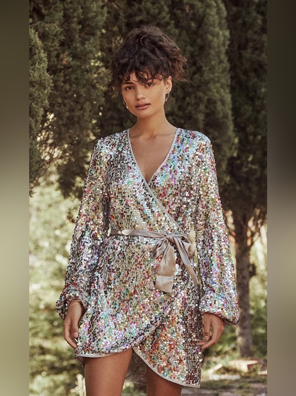 Saylor Val Wrap Mini Dress in Multi Sequin, size XS